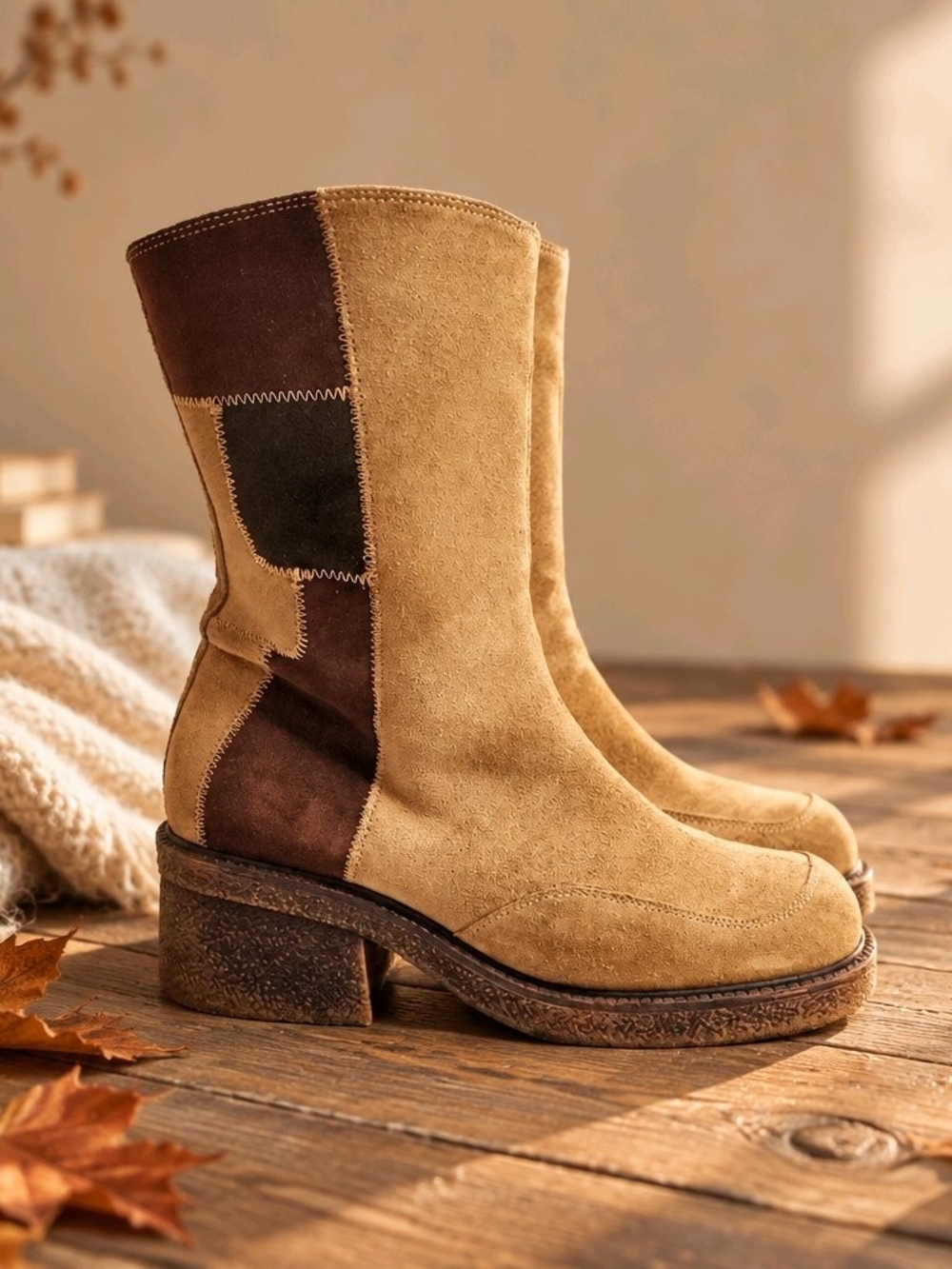 Vintage Y2K Patchwork Suede Platform Boots With Square Toe - Size 6.5